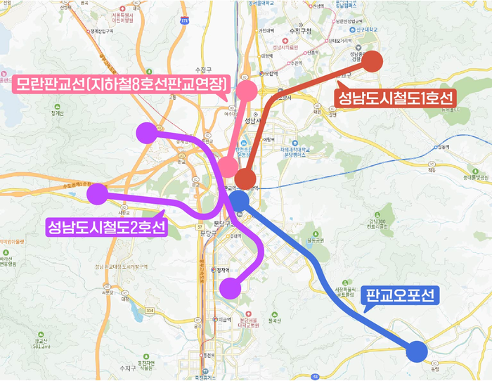 경기도 도시철도망 구축계획에 반영된 성남시 4개 도시철도 노선 /성남시