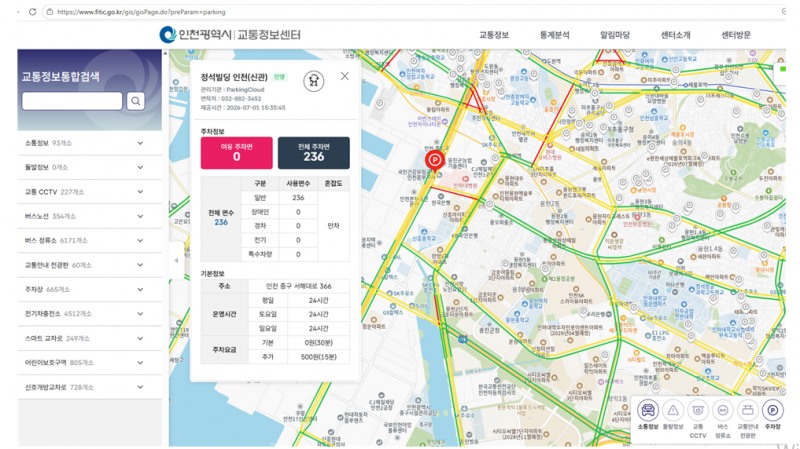 실시간 주차장 정보 서비스 화면. /인천시
