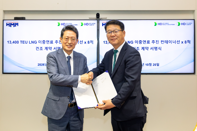 최원혁 HMM 대표이사 사장(왼쪽)과 여용화 HD현대중공업 선박영업본부장 부사장이 20일 판교 HD현대 글로벌R&D센터(GRC)에서 진행된 1만3000TEU급 LNG 이중연료 컨테이너선 건조 계약 서명식에서 기념촬영을 하고 있다. 사진= HMM