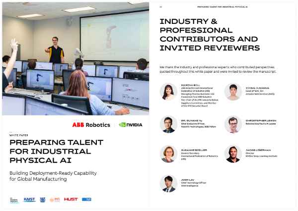 ABB Robotics와 NVIDIA가 공동 발간하고 스카이인텔리전스가 주요 기여사로 참여한 ‘산업용 피지컬 AI 인재 양성’ 백서 표지와 기여자 소개 페이지