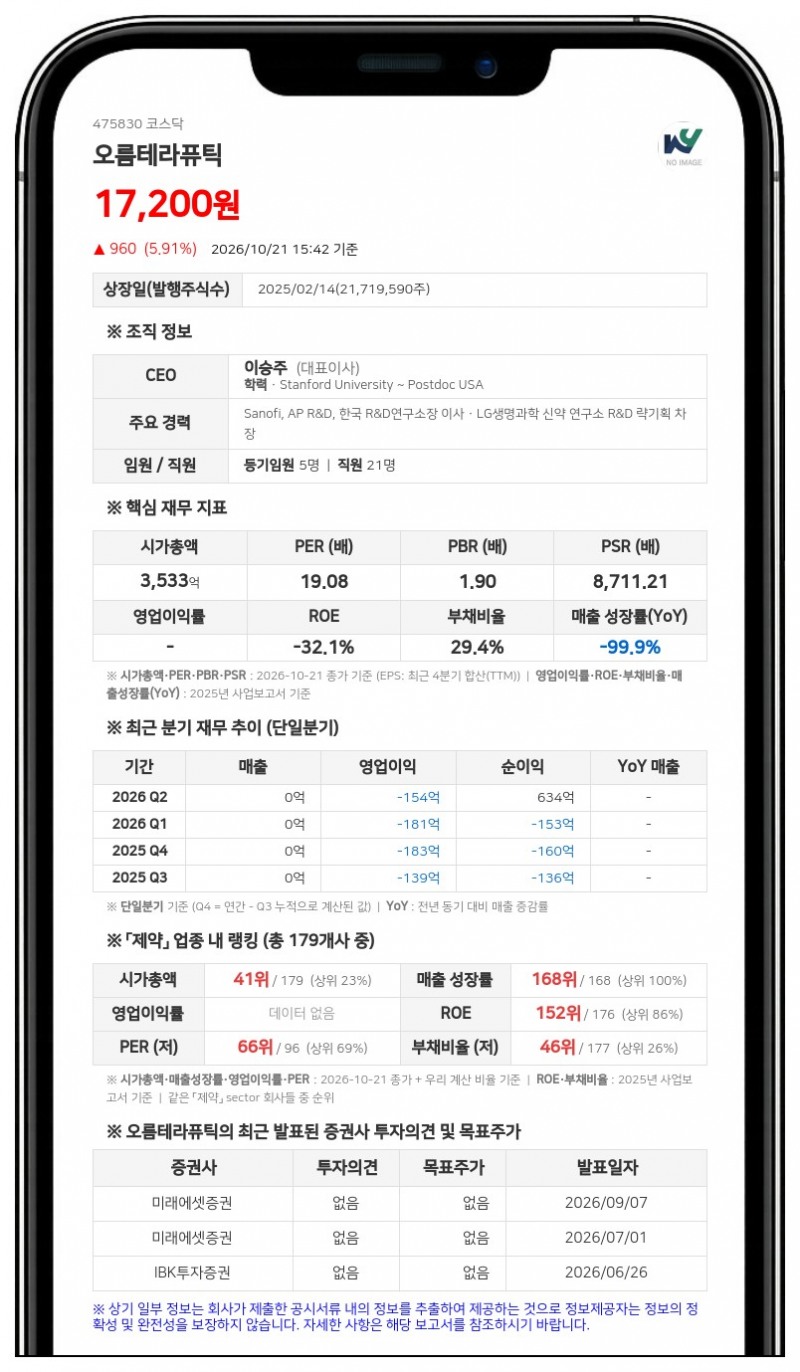 이승주 등, 오름테라퓨틱 지분 15.79%로 변동보고