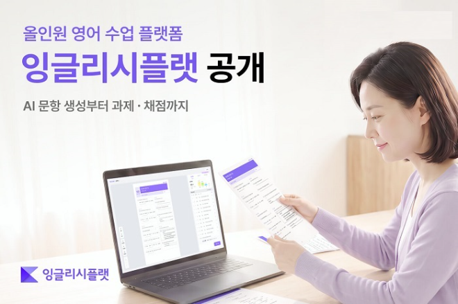사진=프리윌린의 영어 문제은행 '잉글리시플랫' 서비스 소개 이미지. AI 문항 생성과 학습지 제작, 학생앱 과제 배포·채점을 한곳에서 지원한다(사진제공:프리윌린)