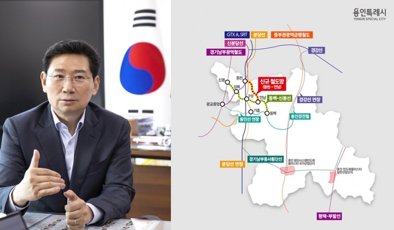 이싱일 용인특례시장(좌)과 용인시 철도망 확충계획(우)
