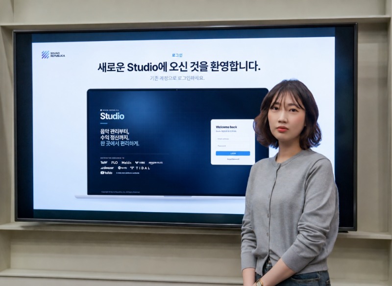 고객 포털 ‘스튜디오(Studio)’의 로그인 화면 앞에 선 사운드리퍼블리카 오민경 시니어 매니저. (사진제공=사운드리퍼블리카)