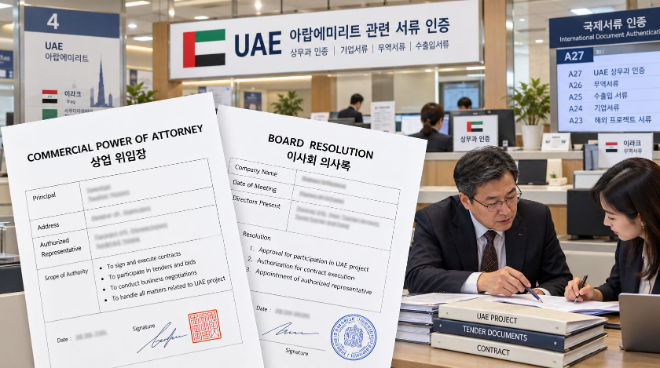 사진=UAE 제출용 상업 위임장 및 이사회 의사록 인증 상담 장면(AI 생성 이미지)