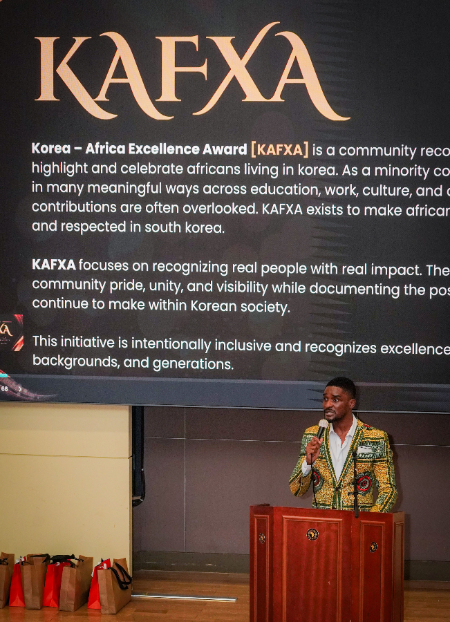 Sam Okyere, broadcaster and co-founder of KAFXA, hosts the 3rd Korea–Africa Excellence Awards at Ajou University in Suwon on October 17, 2026. Photo courtesy of KAFXA.