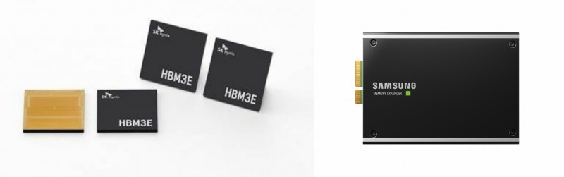 (왼쪽부터) SK하이닉스의 5세대 고대역폭메모리(HBM)인 ‘HBM3E’ 와 삼성전자가 지난해 5월 업계 최초로 개발한 ‘CXL 2.0 D램’ 이미지(사진=각사 제공)