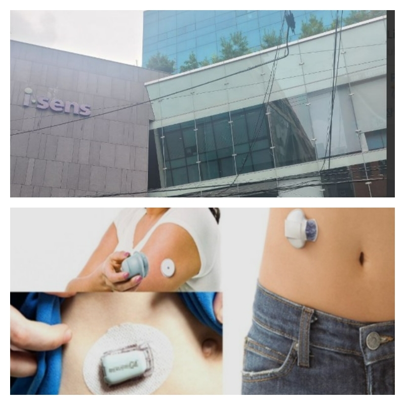 아이센스 본사 전경 및 연속혈당측정기 부착 모습(사진=IR자료 갈무리)