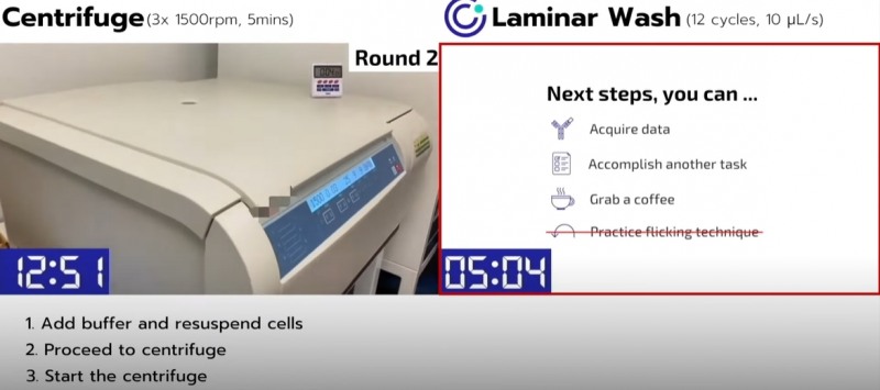 세척 공정을 원심분리 수작업과 래미나 워시로 진행해 비교한 사진.(사진=큐리옥스 제공)