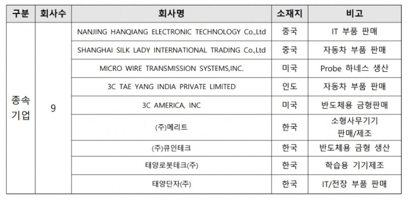 종속기업 현황(자료=금융감독원 전자공시시스템)