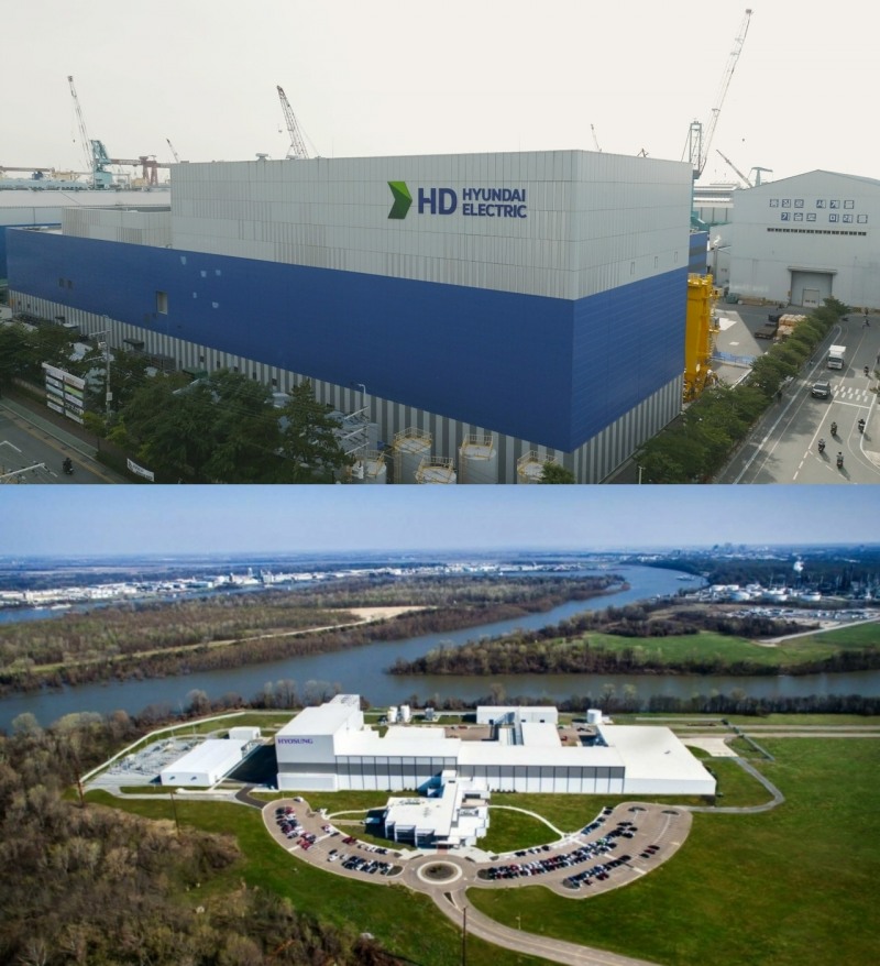 (위쪽부터) HD현대일렉트릭 500kV 변압기 스마트공장과 효성 HICO 공장 전경(사진=각사 제공)