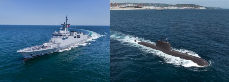 HD현대가 최근 인도한 필리핀 초계함 2번함 '디에고 실랑(Diego Silang)함'(왼쪽)과 HD현대중공업이 건조해 2016년 대한민국 해군에 인도한 장보고-Ⅱ(214급) 잠수함 ‘윤봉길함’의 시운전 모습. (사진=HD현대중공업)