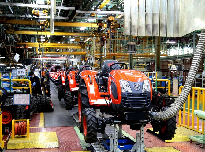 대동 대구공장에서 조립을 마친 트랙터가 출고를 앞두고 마지막 검수 과정을 거치고 있다. (사진=대동)