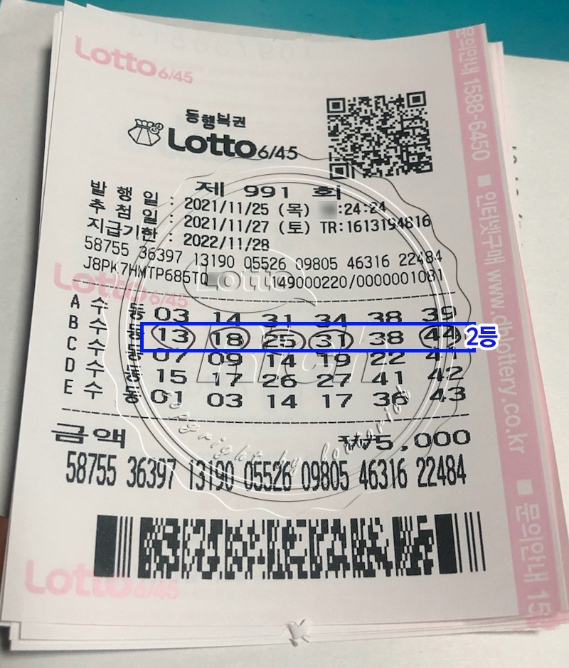 동행복권 제 991회 로또 2등 당첨자 최수종(가명)씨의 로또용지 (출처-로또리치)