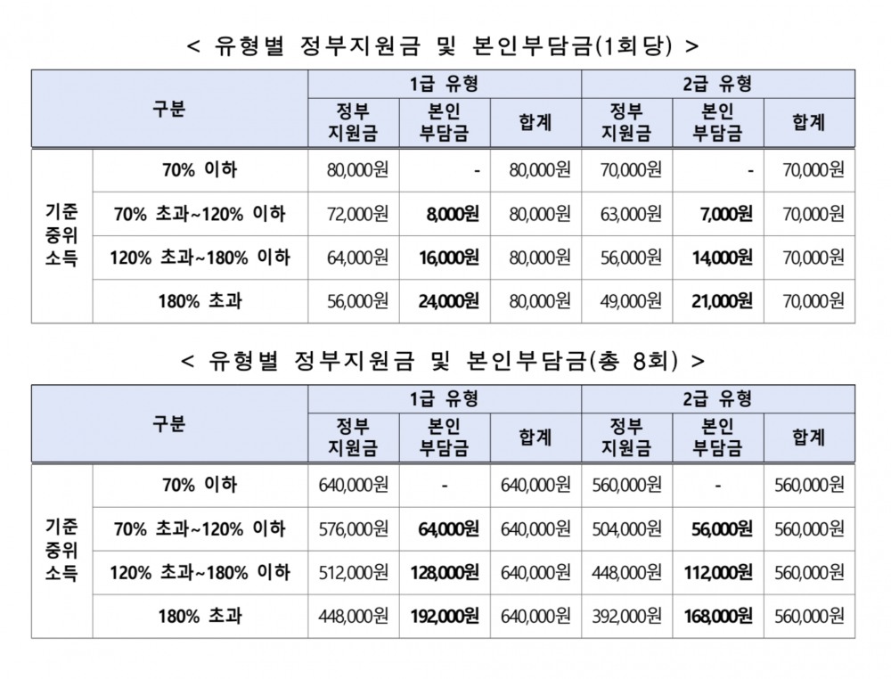 유형별 정부지원금 1회 기준과, 8회 기준 / 이미지 출처 : 보건복지부