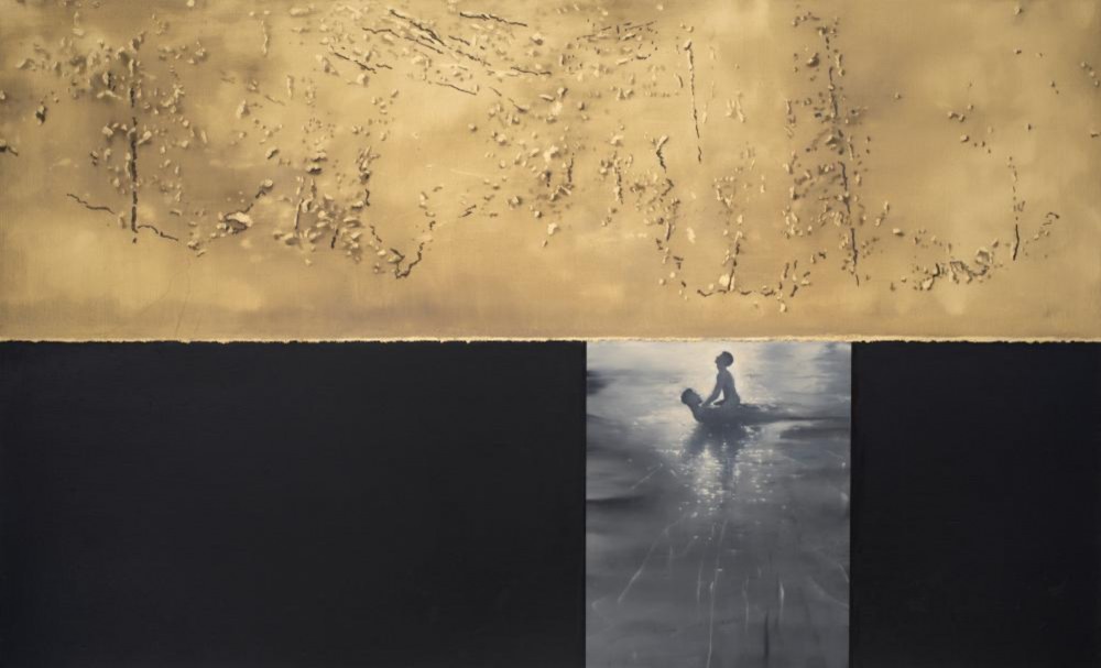 〈산불 아래에서〉, 2023, 캔버스에 유채와 이미테이션 글라이딩 왁스, 89×145.5cm.