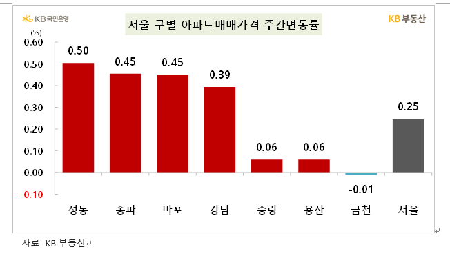 KB기준 서울 아파트 한주간 0.25% 상승...0.2%대 중반 고공행진 지속