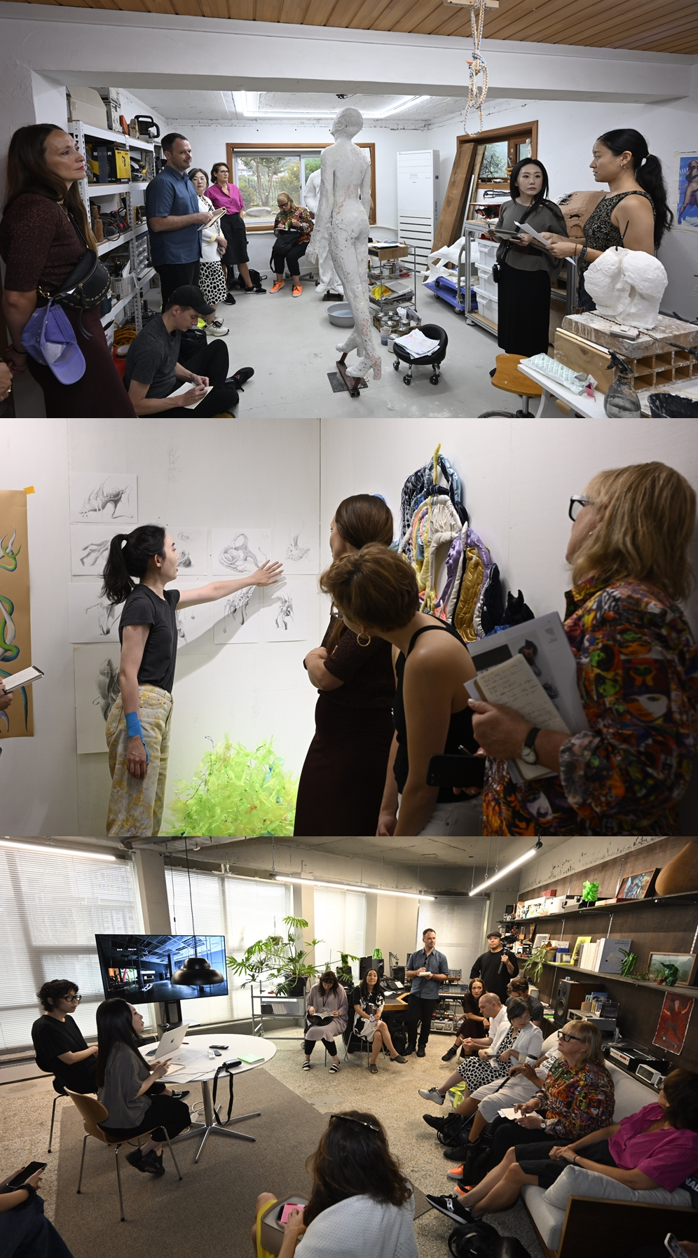 사진=(위에서부터) 이유성 작가가 <2024 Dive Into Korean Art: Seoul>에 참여한 해외 인사들에게 작품 창작 환경과 배경을 설명했다. 우한나 작가가 <2024 Dive Into Korean Art: Seoul>에 초청된 해외 인사들에게 다층적인 작업 세계를 소개했다. 전소정 작가는 해외 미술계 인사들에게 영상, 사운드, 퍼포먼스 등 다양한 매체를 활용한 독창적인 작품들을 소개하는 프리젠테이션을 진행했다.