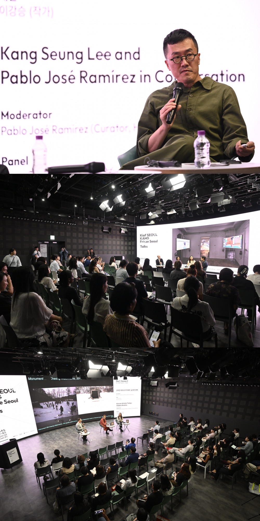 사진=(위부터) 마지막 날 첫 세션에 참여한 이강승 작가와 로스앤젤레스 해머 미술관 큐레이터 파블로가 최근 진행한 프로젝트를 설명했다. / 공공-민간 협력: 갤러리와 비영리 기관의 콜라보레이션에는 모더레이터로 앤드류 러세스 (아트넷뉴스, 에디터), 패널로 루미 탄 (독립 큐레이터), 데이지 남 (캘리포니아 예술대학 와티스 현대미술 연구소, 디렉터 & 수석 큐레이터), 김성우 (프라이머리 프랙티스, 큐레이터)가 참여했다. / 코리안 아티스트 투데이: 숨겨진 영역 세션에는 에이치지 마스터즈 (아트아시아퍼시픽 부편집장)가 모더레이터로 참여해 임민욱, 제시 천 작가에게 다양한 질문을 던졌다.