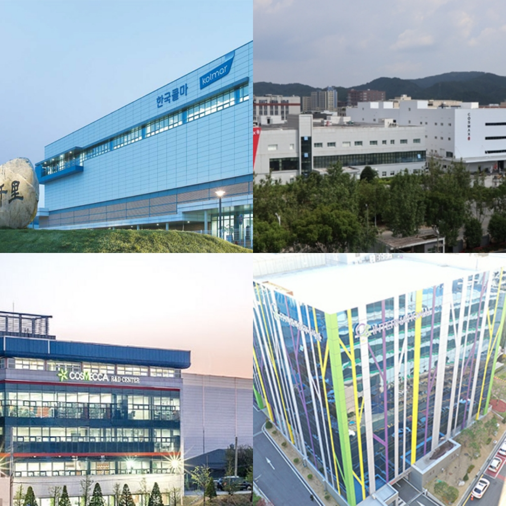 (왼쪽위부터 시계방향) 한국콜마, 코스맥스, 씨앤씨인터내셔널, 코스메카코리아 공장 전경(사진=각사제공)