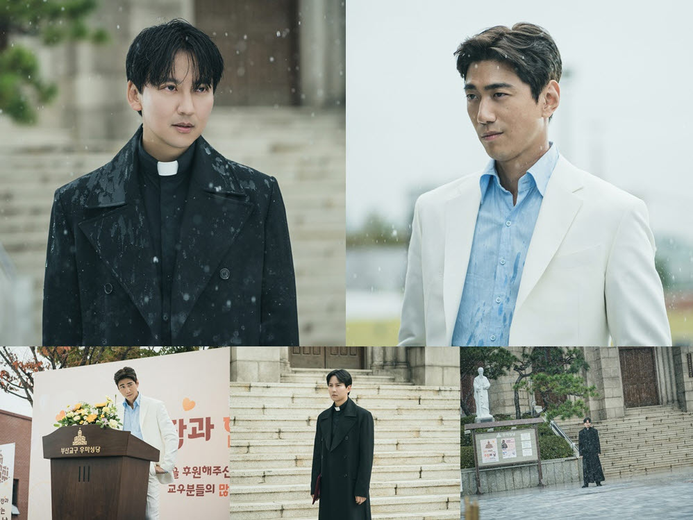 ‘날카로운 시선’ 김남길 VS ‘서늘 미소’ 성준, 긴장감 MAX ‘빗속 대치’ 현장(‘열혈사제2’)