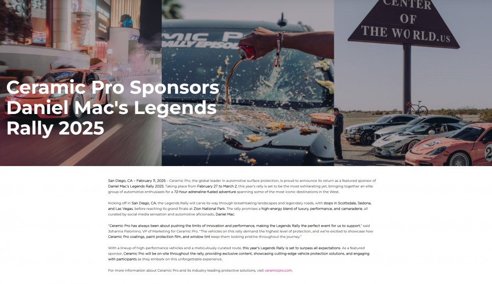 세라믹프로 카바차, 세계적인 경주 스타 다니엘 맥과 레전드 랠리 타이틀 스폰서십 체결