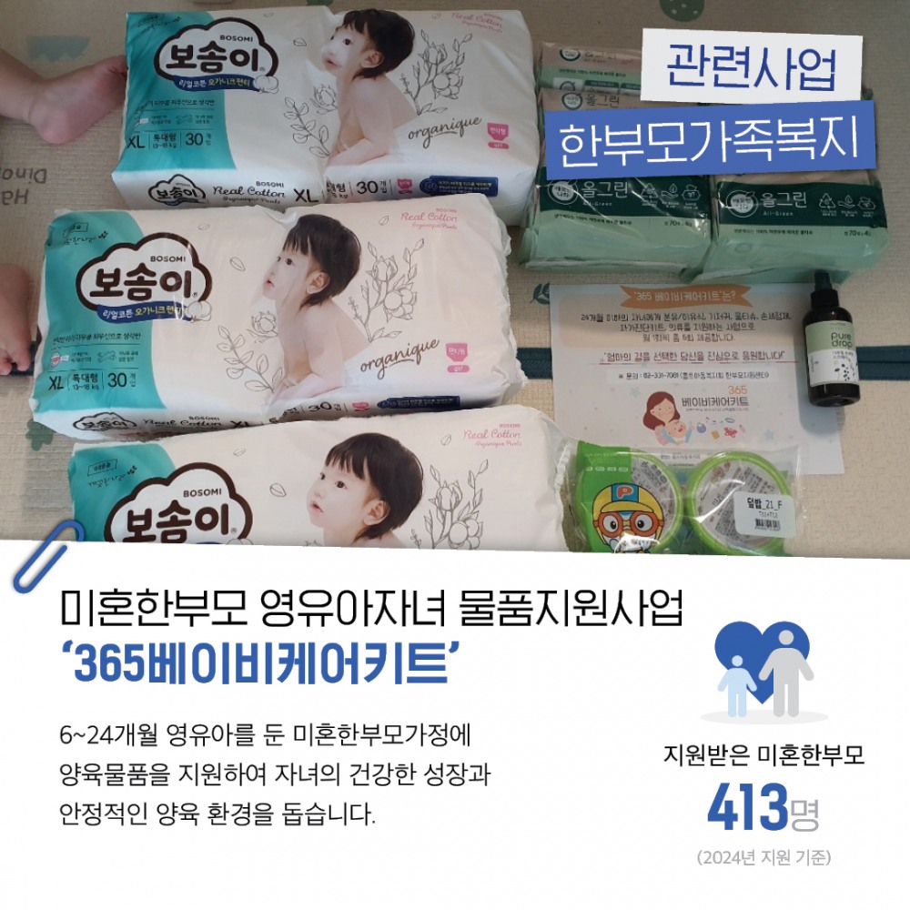 한부모가족복지 : 미혼한부모 영유아자녀 물품지원사업 ‘365베이비케어키트’