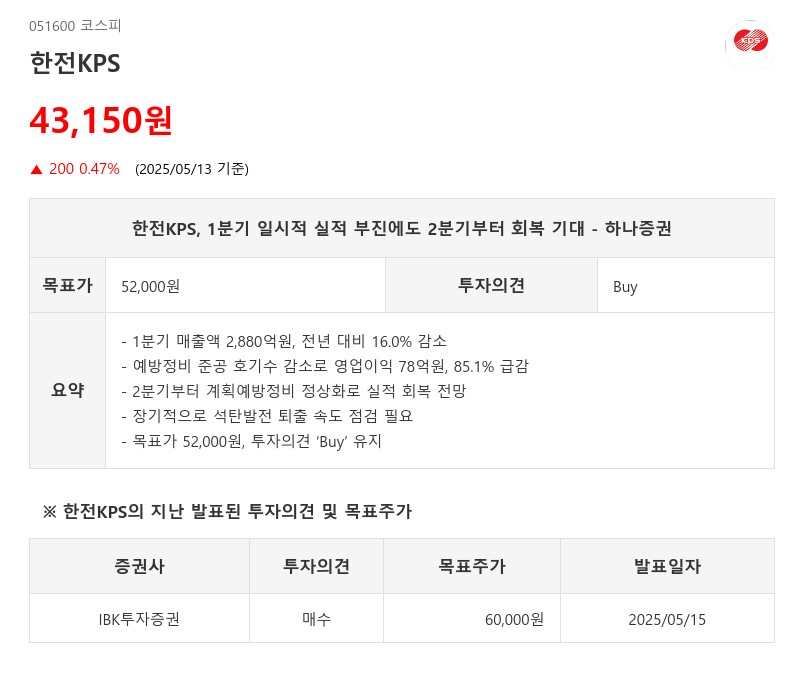 한전KPS, 1분기 일시적 실적 부진에도 2분기부터 회복 기대 - 하나증권