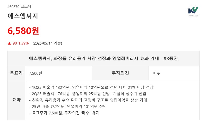 에스엠씨지, 화장품 유리용기 시장 성장과 영업레버리지 효과 기대 - SK증권