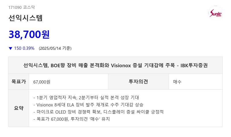 선익시스템, BOE향 장비 매출 본격화와 Visionox 증설 기대감에 주목 - IBK투자증권