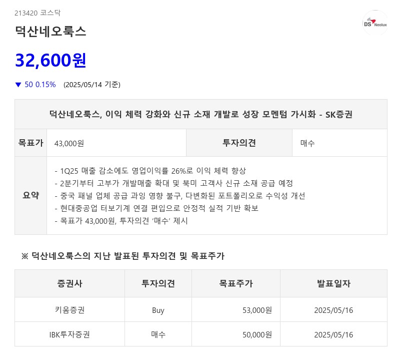 덕산네오룩스, 이익 체력 강화와 신규 소재 개발로 성장 모멘텀 가시화 - SK증권