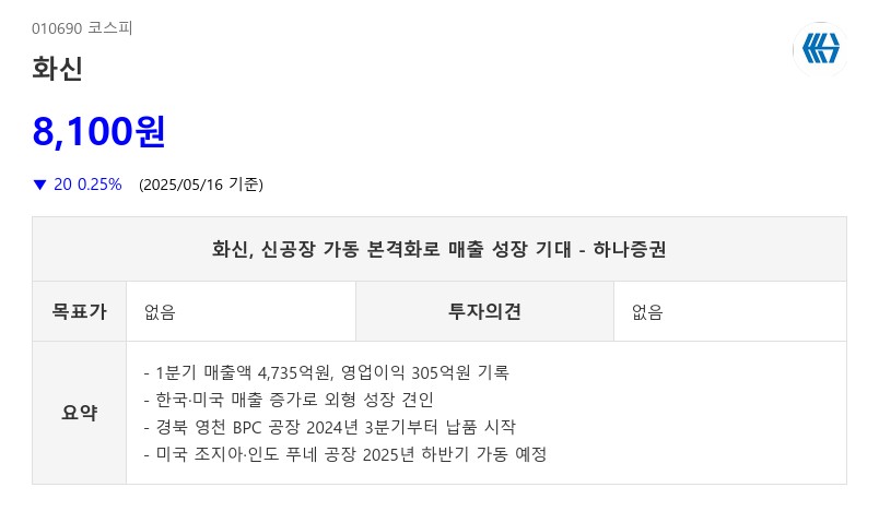 화신, 신공장 가동 본격화로 매출 성장 기대 - 하나증권
