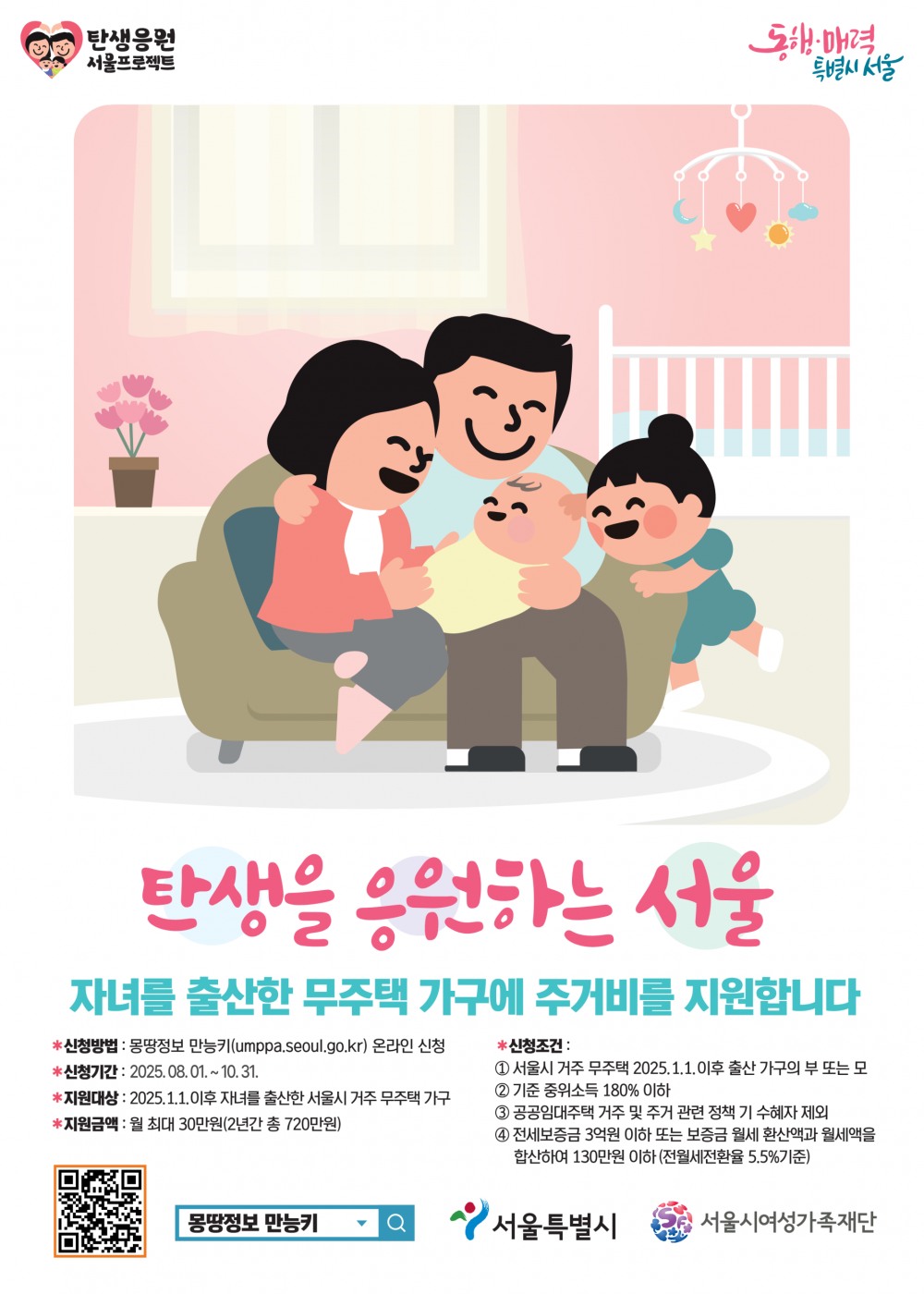 서울시, 무주택 출산 가구 최대 720만원 주거비 지원