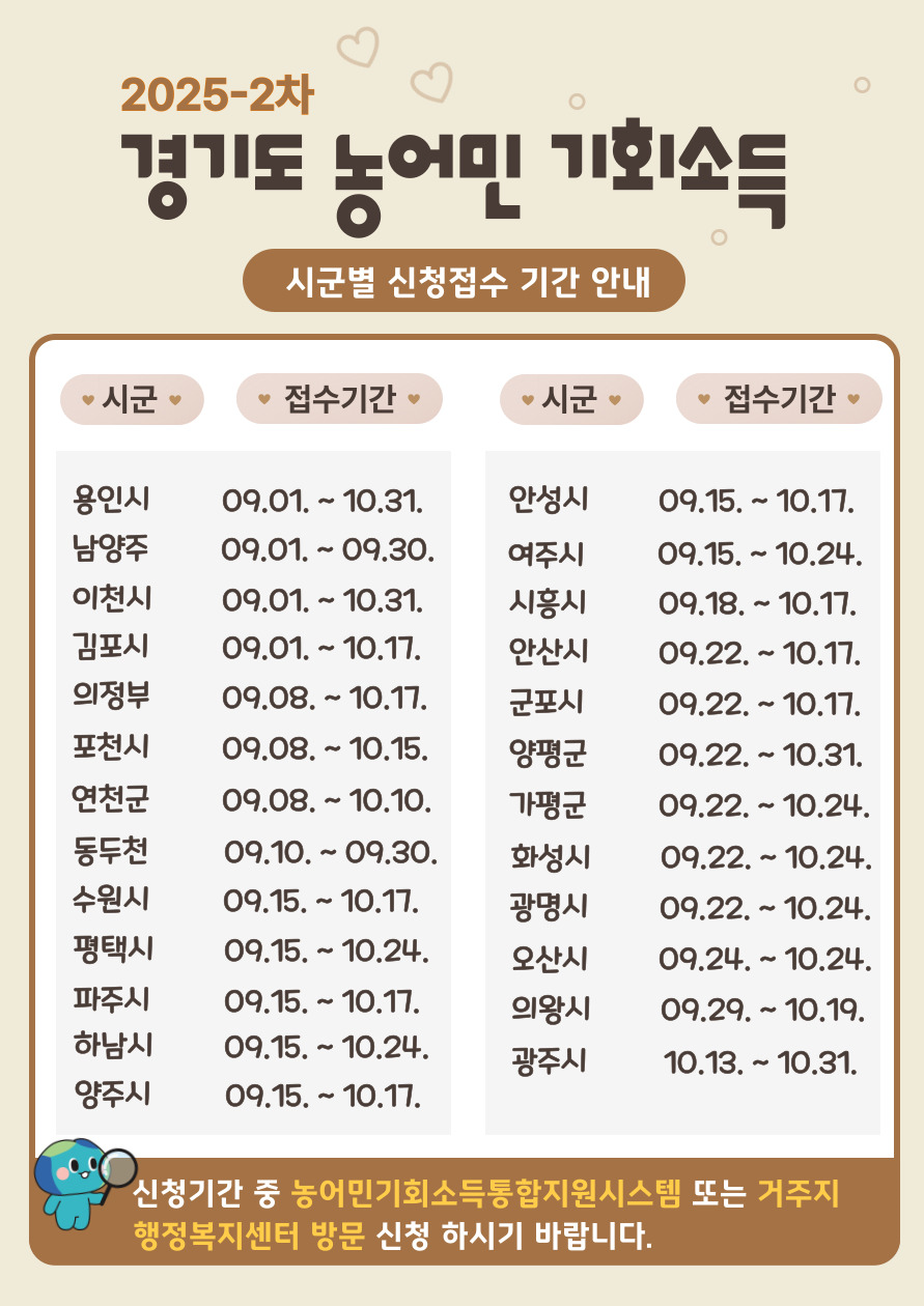 경기도 농어민 기회소득 신청접수 기간 안내문