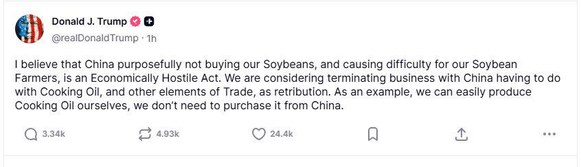 (상보) 트럼프 "중국의 美대두 수입중단은 적대행위…식용유 등 교역 단절 검토"