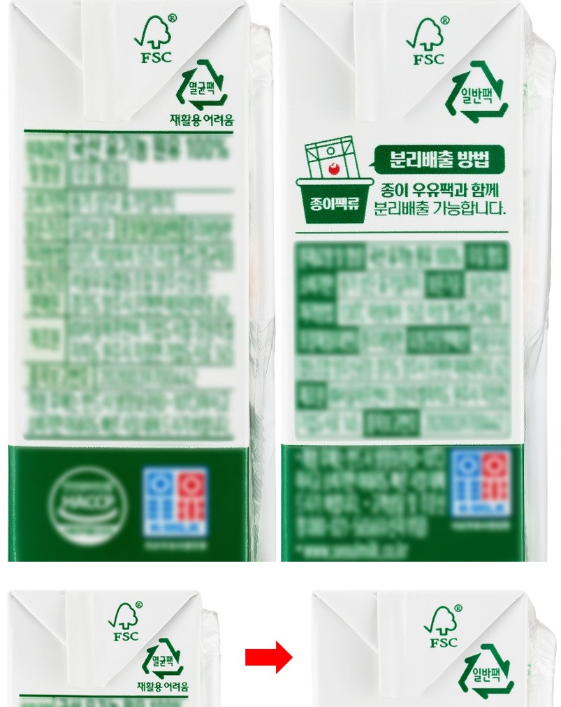 재활용 어려움 표기가 된 기존 멸균팩과 달리 SIG 테라 알루프리 팩은 일반팩으로 분류, 종이 우유팩과 함께 분리 배출 가능하다 (제공=SIG)