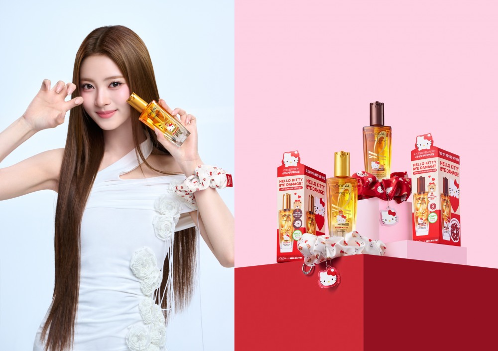 ▲ (좌) 미야오 안나, 엑스트라오디네리 오일 에어리 실크 헬로키티 에디션 (우) 로레알파리 엑스트라오디네리 오일 헬로키티 에디션 기획 세트 2종