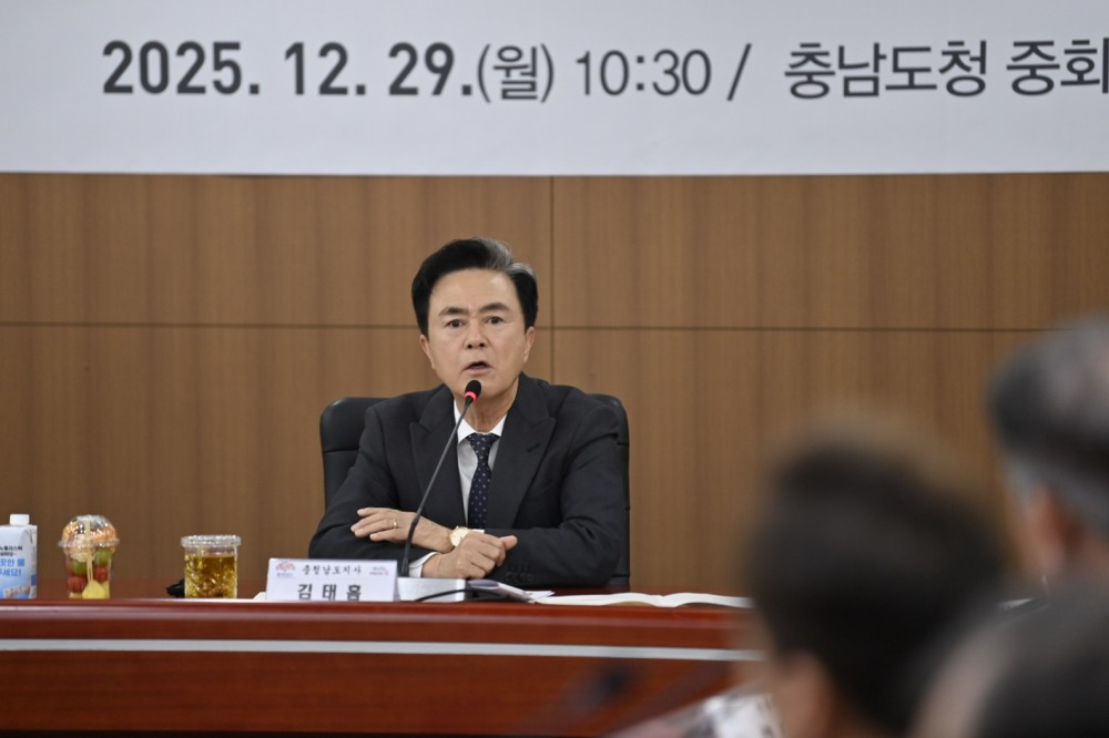 김태흠 충남지사가 29일 스포츠 마케팅·공연·건축·도시개발 관련 전문가 등 20여 명이 참석한 가운데 천안아산 다목적 돔구장 건립 전문가 자문 회의를 주재하고 있다. (충남도 제공)