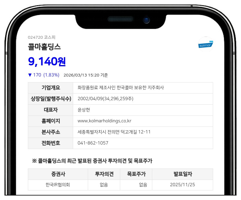 콜마홀딩스 최대주주 지분 0.01%p 변동, 변성배 임원 보유주식 1,160주 감소