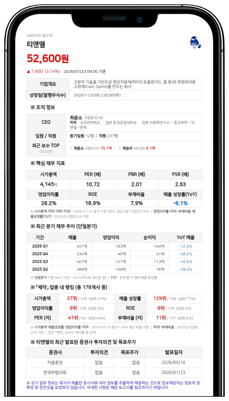 티앤엘, 주당 1주 무상증자 결정...발행주식 1607만주로 확대