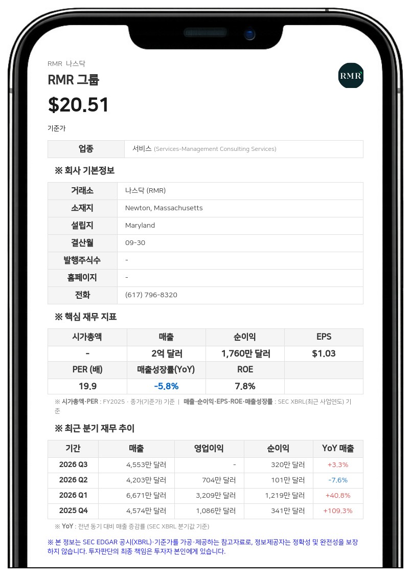RMR 그룹, 2026 회계연도 3분기 실적 발표... 6일 컨퍼런스 콜 개최