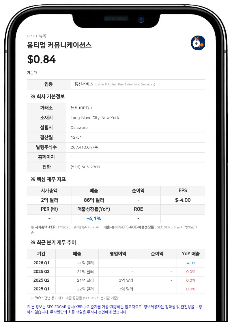 옵티멈 커뮤니케이션스, 뉴욕증권거래소로부터 상장 유지 기준 미달 경고 받아