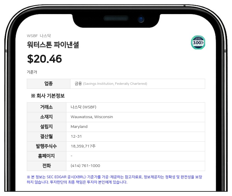 워터스톤 파이낸셜, 주당 0.17달러 분기 현금 배당 선언