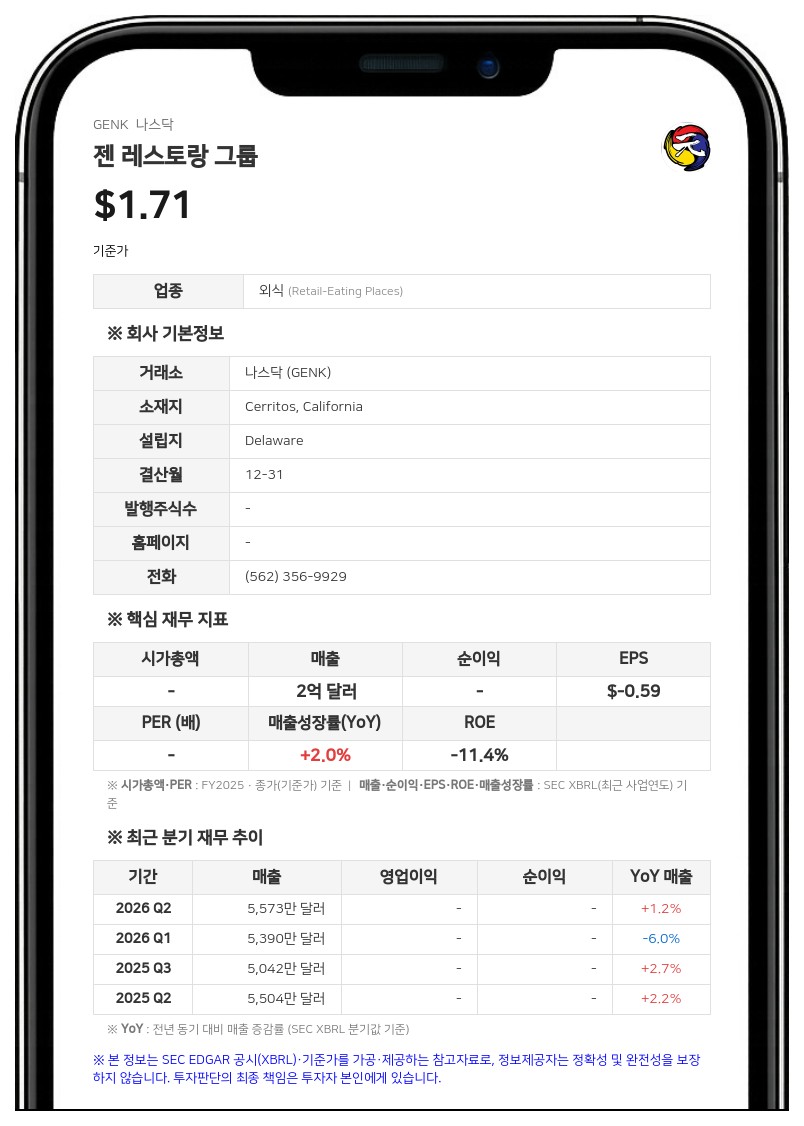 젠 레스토랑 그룹, 로스 측 재매각용 보통주 1500만 주 등록 신고서 제출