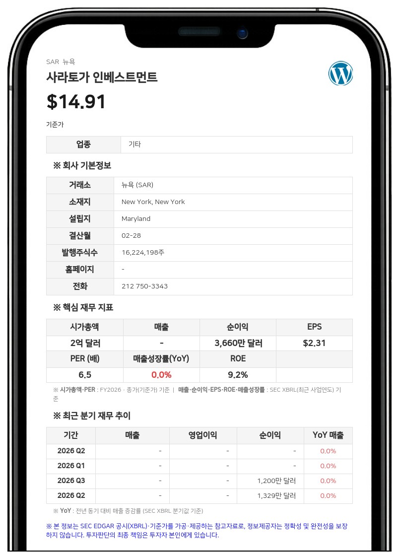 사라토가 인베스트먼트, 신용공여 한도 1억 1000만 달러로 증액…신용계약 '키맨'을 램디할로 교체