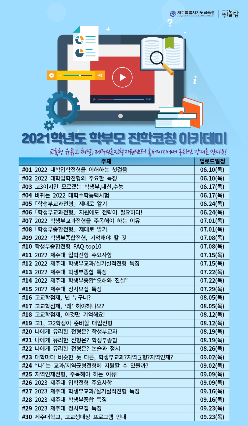 제주도교육청, 2021학년도 학부모 진학코칭 아카데미 유튜브 운영