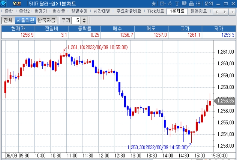 자료: 2022년 6월 9일 달러/원 1분차트 출처: 코스콤CHECK