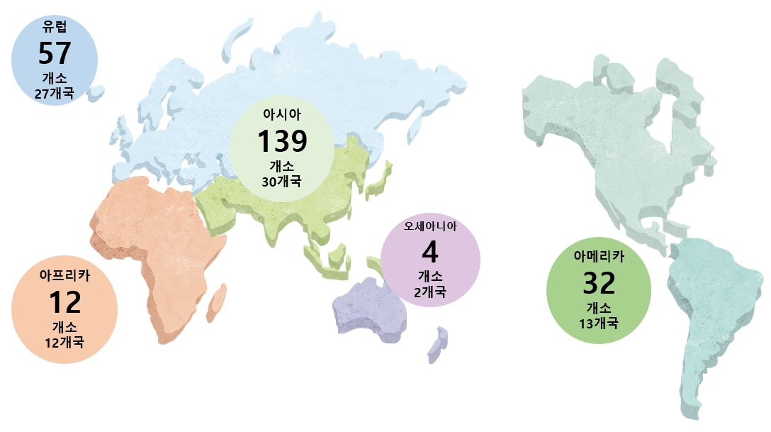 지역별 세종학당 현황: 84개국 244개소(2022년 6월 기준). 사진=문화체육관광부