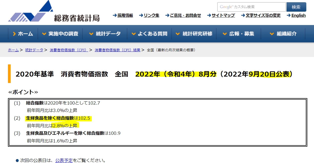 자료: 일본 총무성통계국 홈페이지, 2020년 기준 소비자물가지수 2022년 8월분 주요 포인트