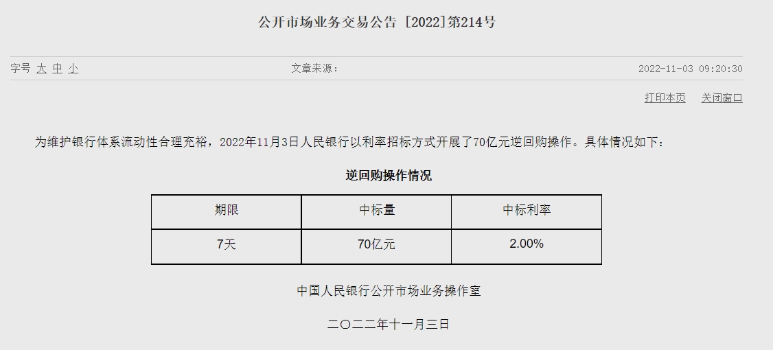 자료= 중국인민은행 홈페이지, 공개시장업무 거래공시 제214호